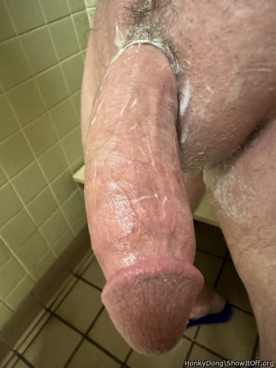 Getting all cleaned up in a public shower.