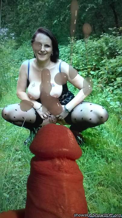 Cock cums over a slut in public