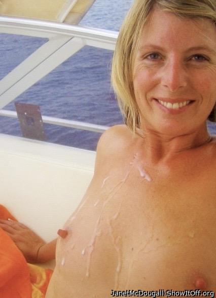 Janet McDougall tits covered in cum in public